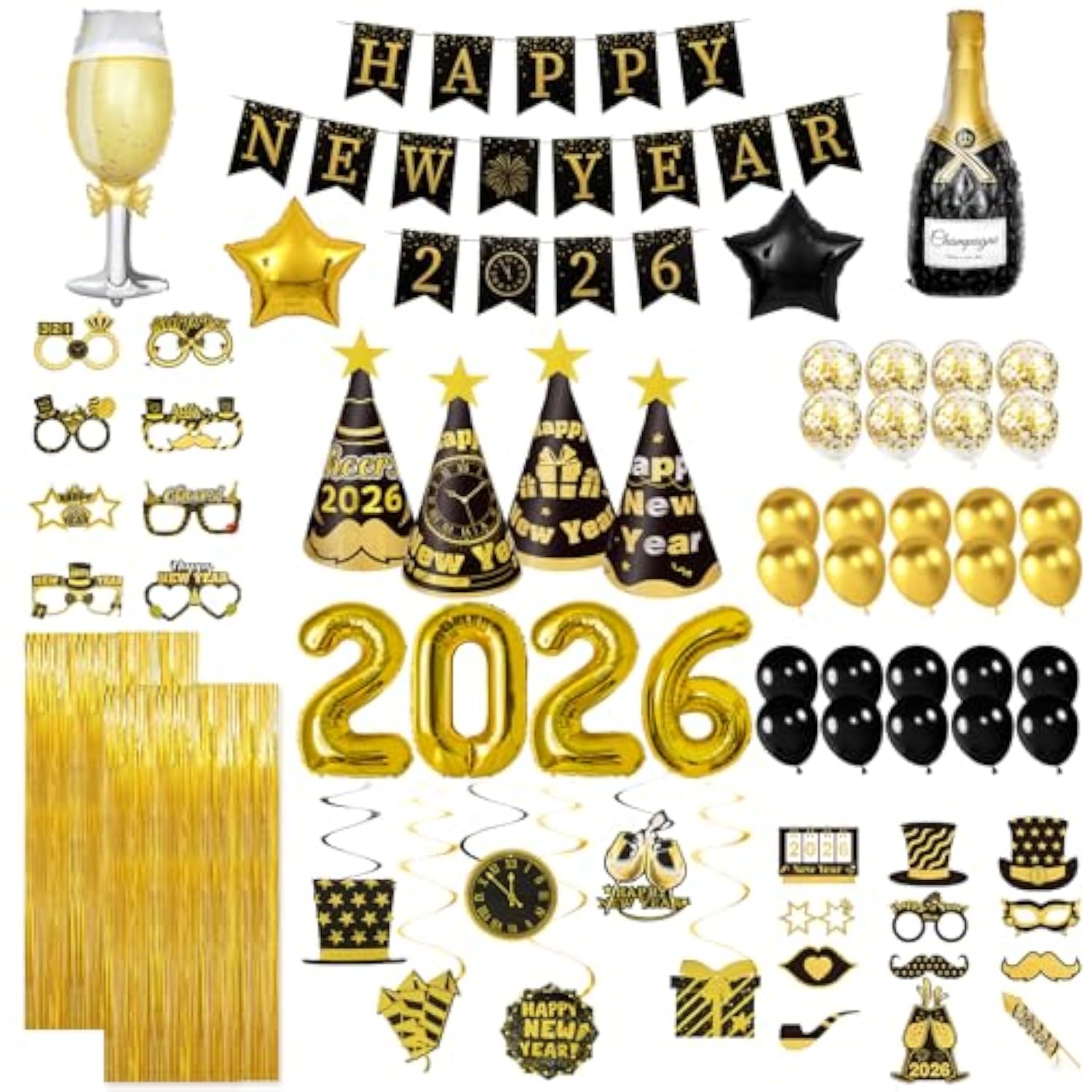 2026 New Year Party Supplies Banner Hats Glasses Balloons Photo Props