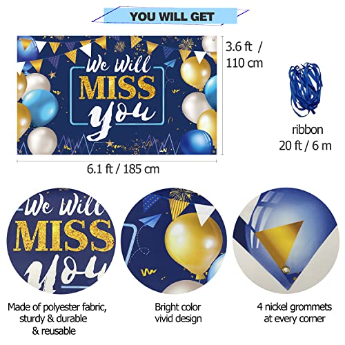 We Will Miss You Decorations Banner Backdrop, Blue Gold, Polyester, Going Away Party Decorations, Office Farewell, Graduation Parties, 6.1ft x 3.6ft with Backdrop and Ribbon