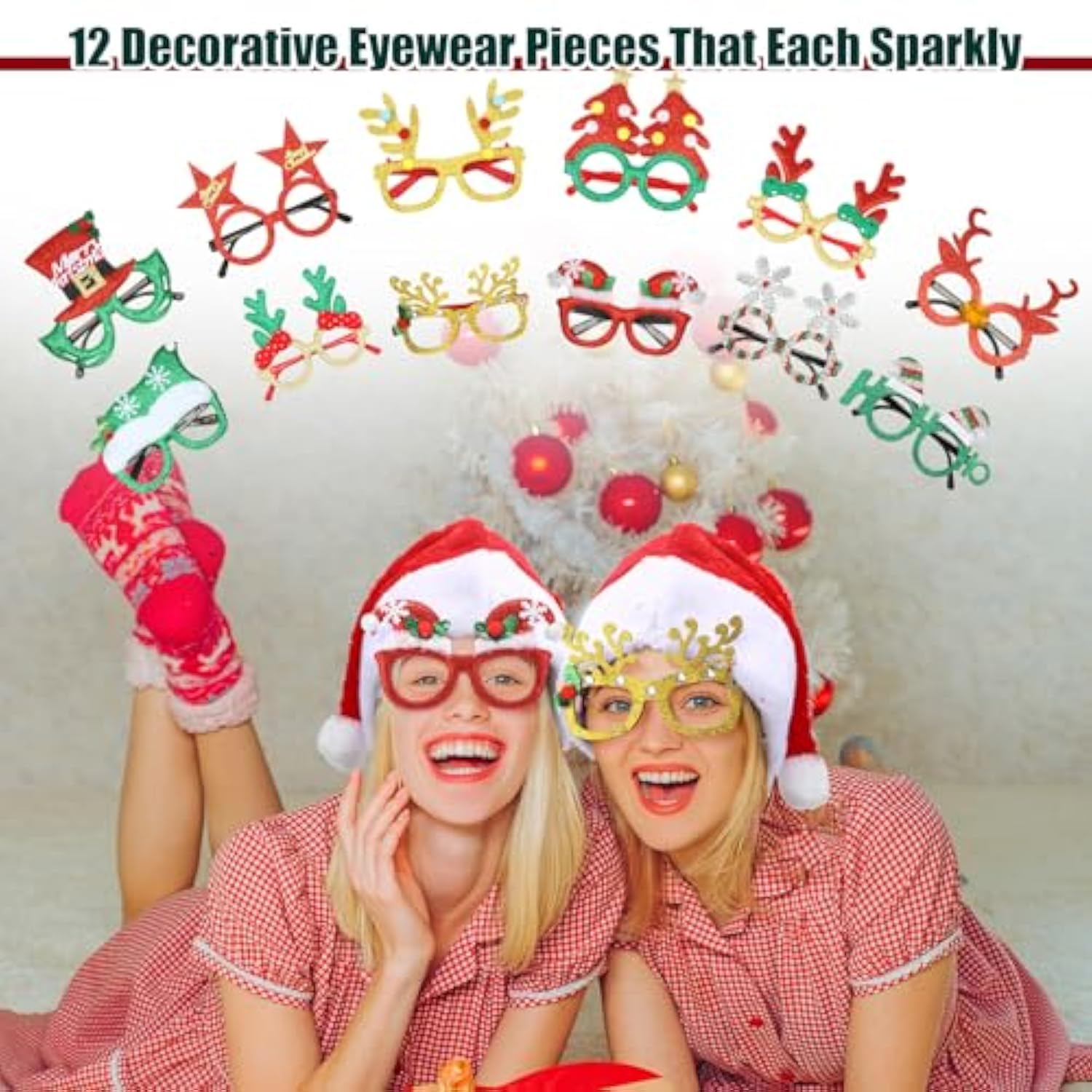 48pcs Santa Hat Glasses Costume Set Glitter Frames Xmas Photo Booth Props