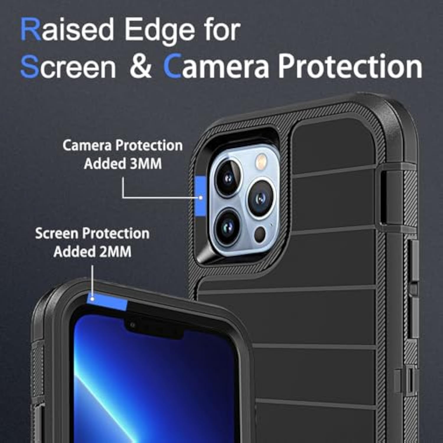 For Iphone 13 Pro Max Case, 2X Glass Screen And Camera Protector, 3 In 1 Heavy Duty Shockproof Drop Protection Stripe Rubber Cover For 13 Pro Max 6.7"-Black