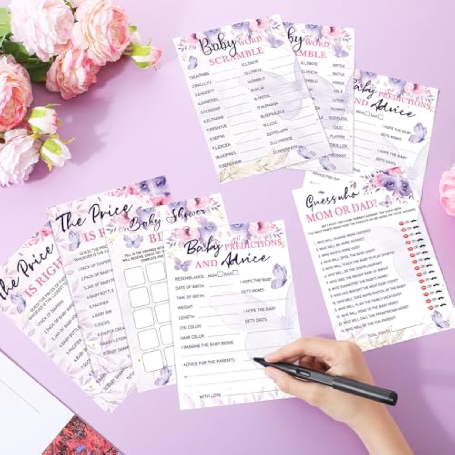 302 Pcs Butterfly Theme Baby Shower Games - 6 Games, 50 Sheets Each - Shower Party Bingo, Word Scramble, Word Search, Predictions And Advice, The Price Is Right, Guess Who