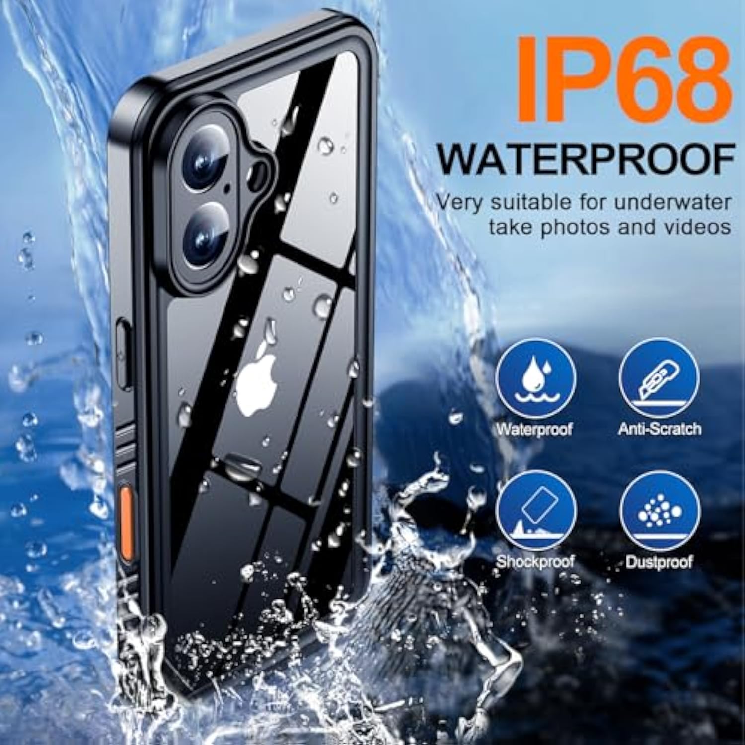 iPhone 16 Waterproof Case, IPX8, Full Body Shockproof, Built-in Screen, 6.1"
