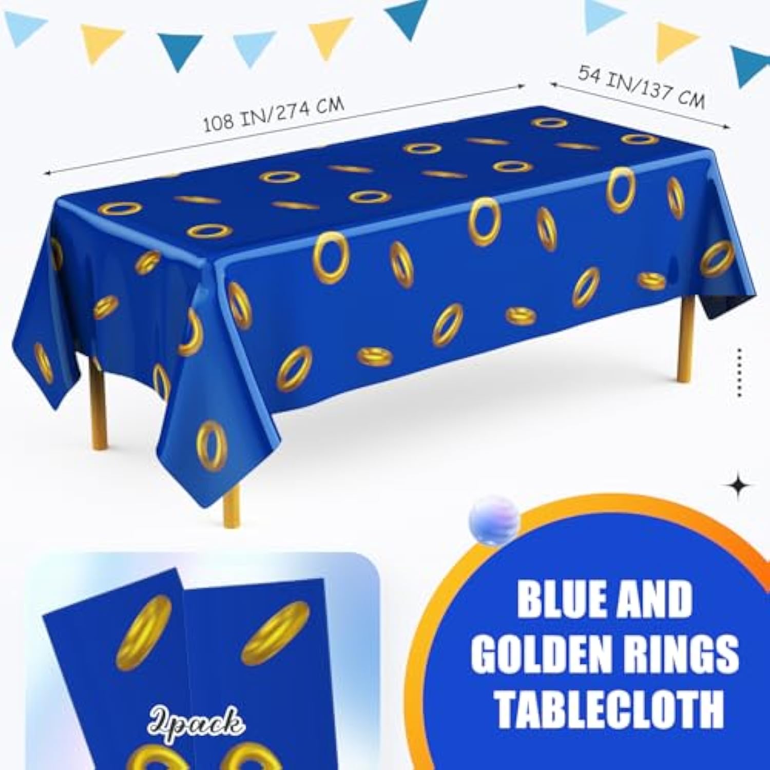 2 Pcs Blue With Gold Ring Print Plastic Tablecloth 108 X 54 Inches Disposable Rectangle Cartoon Tinsel Video Games Table Cover For Kids Boys Girls Toddler Birthday Baby Shower Party Supplies