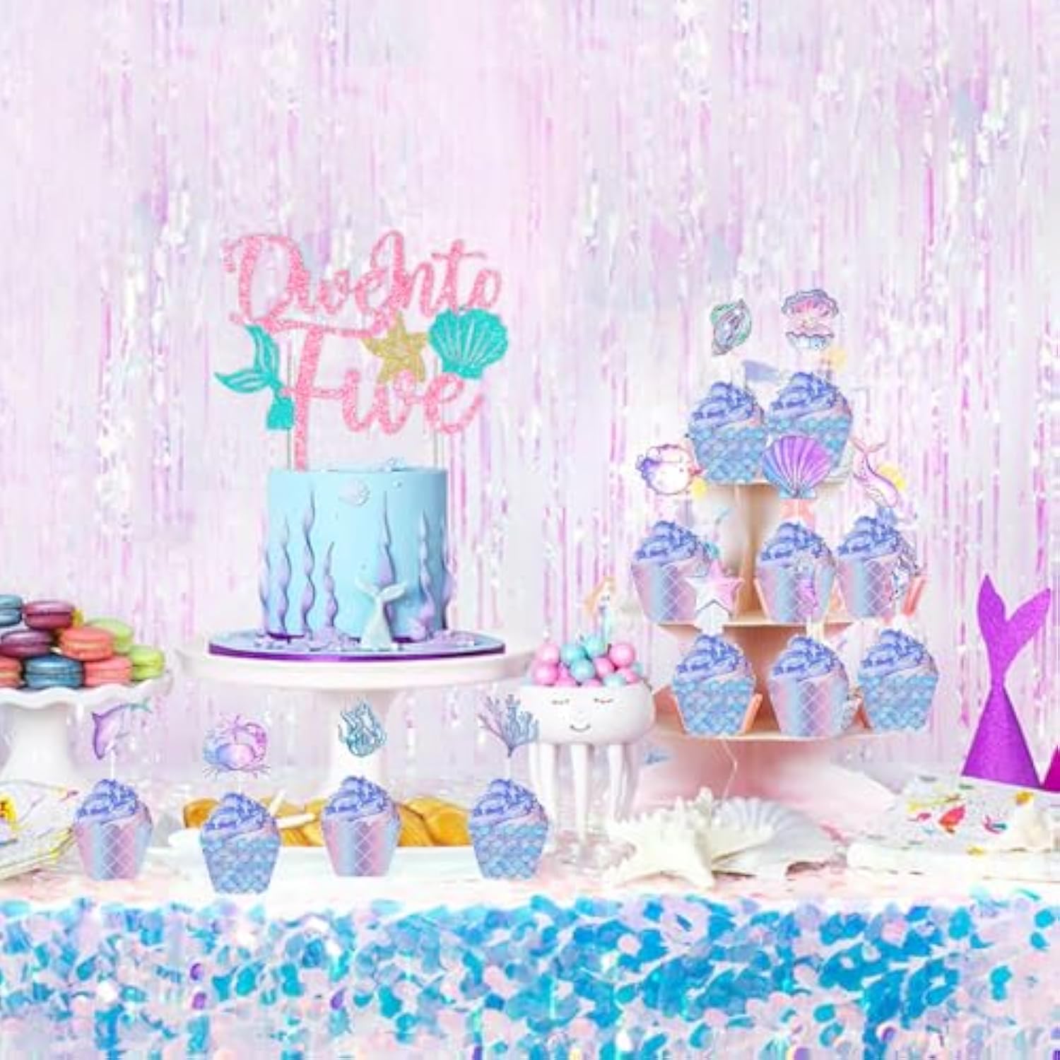 Mermaid Birthday Party Decorations, Dive Into Five Ocean Theme 5Th Birthday Backdrop Cake Cupcake Toppers Pink Purple Blue Balloon For Girl 5 Year Old Party