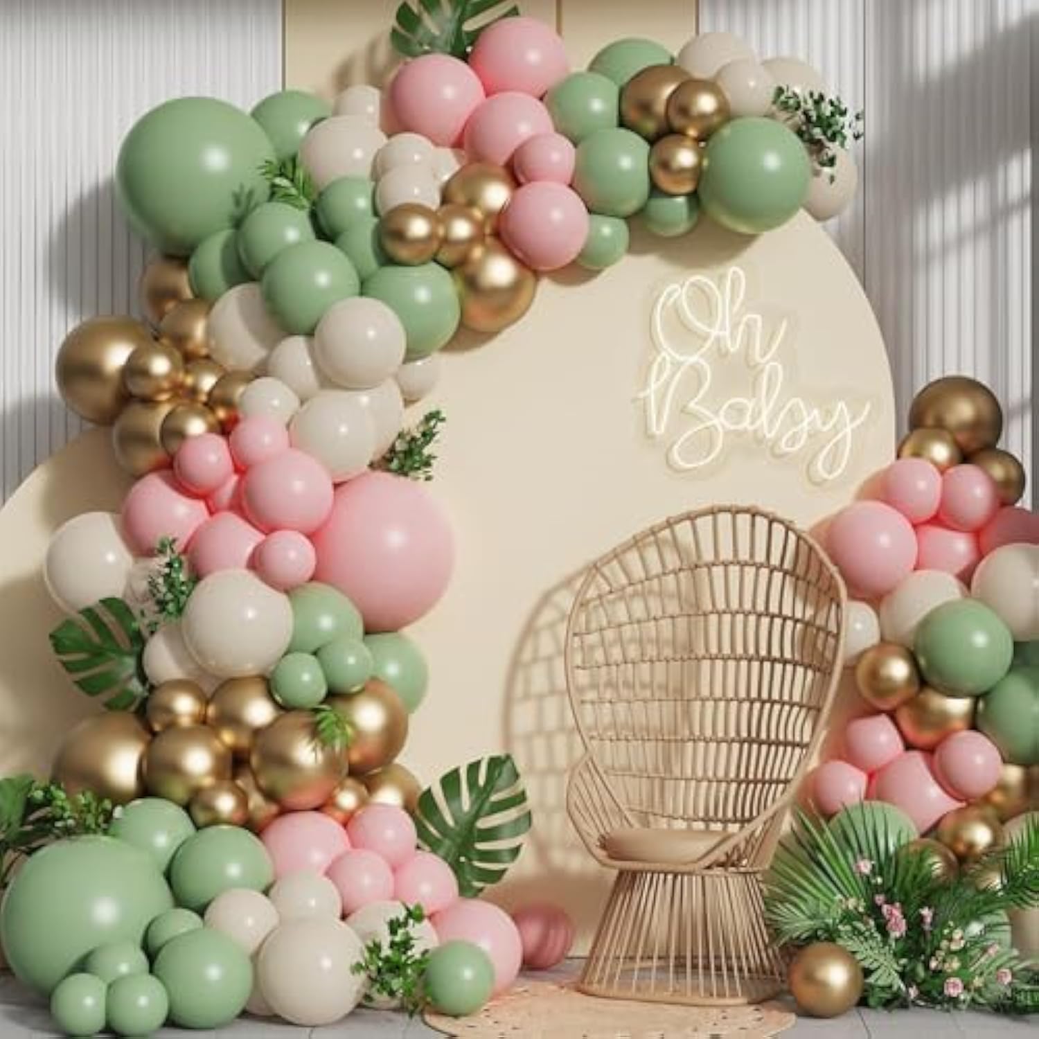 Pink & Sage Green Balloon Garland Kit: Boho Jungle Party Decor