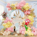 142Pcs Princess Balloon Garland Arch Kit, Pastel Pink Yellow Light Brown Metallic Gold Balloons With Red Rose Foil Balloon For Spring Beauty Birthday Baby Shower Cartoon Party Decorations