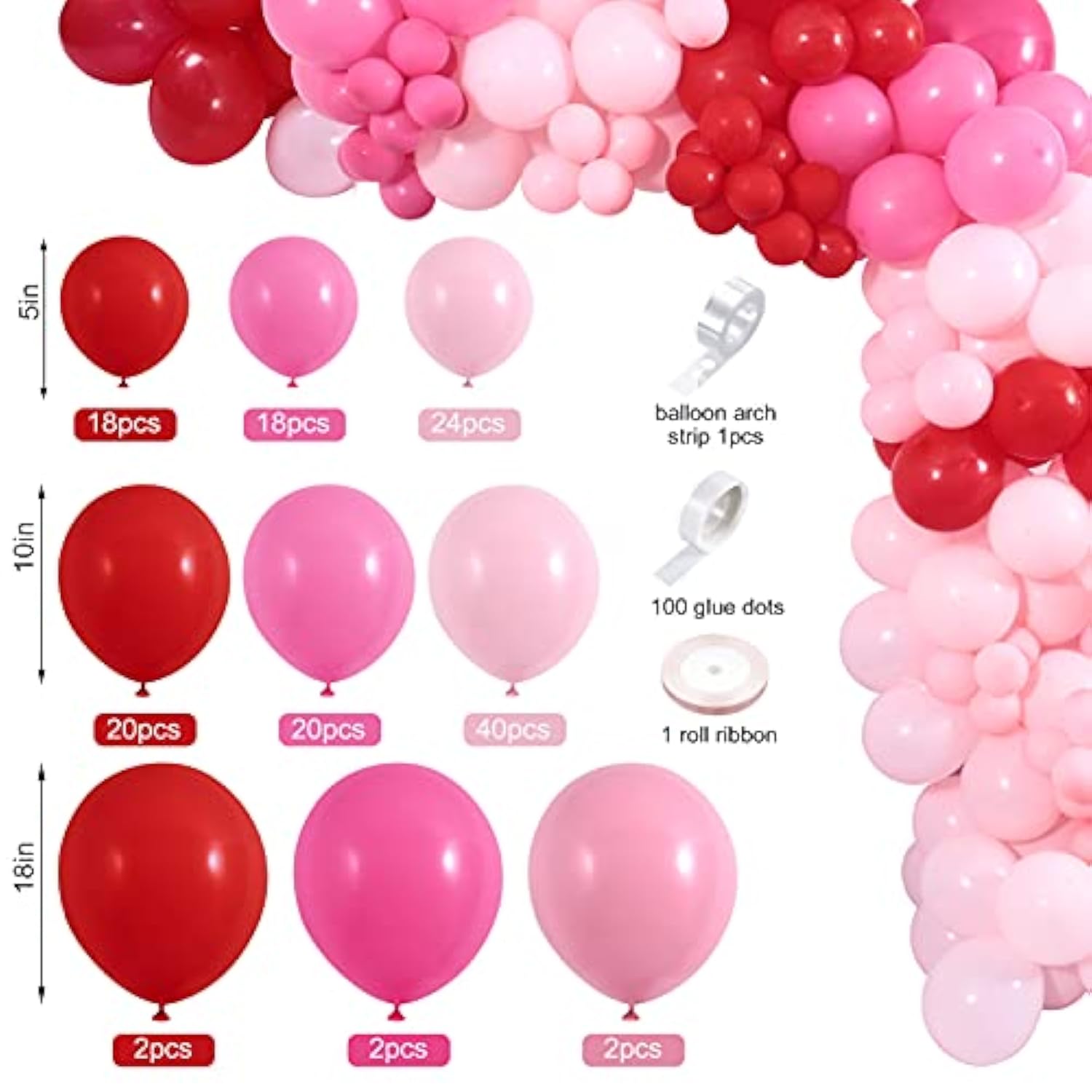 150Pcs Valentine'S Day Balloon Garland Arch Kit Pink Red Rose Red Balloons 18" 10" 5" For Women Girls Valentine'S Day Mother'S Day Wedding Engagement Anniversary Party Decoration Supplies