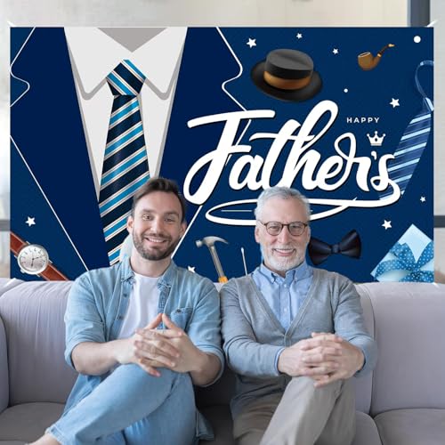 Father's Day Backdrop, Happy Fathers Day Decorations Navy Blue Suit Tie Banner Background for Dad Party, Father's Day Banner for Fathers Day Decorations, 71 x 43 Inch