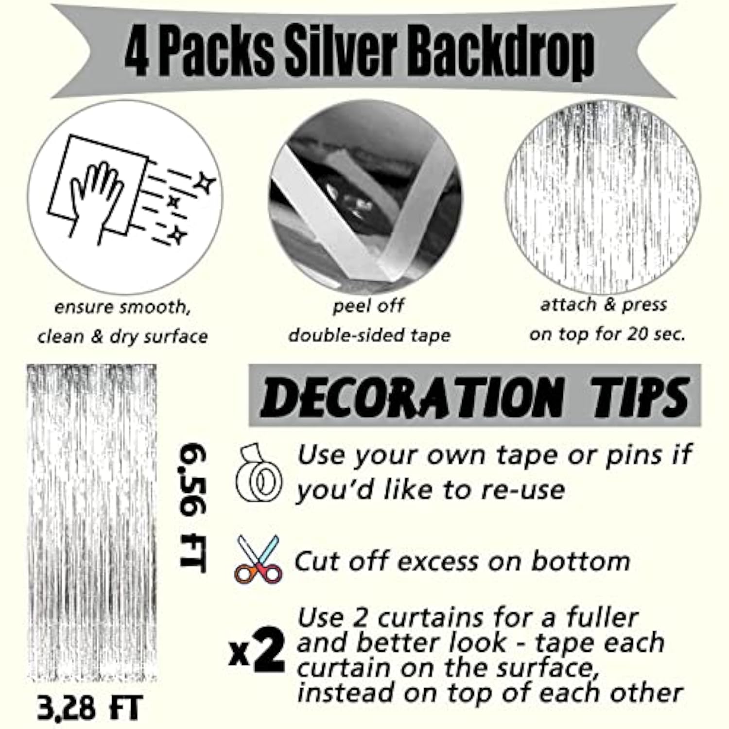 4 Pack Silver Fringe Curtain Backdrop, 3.2Ft X 6.6Ft Metallic Tinsel Foil Fringe Streamers Background For Photo Booth Birthday Wedding Baby Shower Carnival Easter Mother’S Day Party Decorations