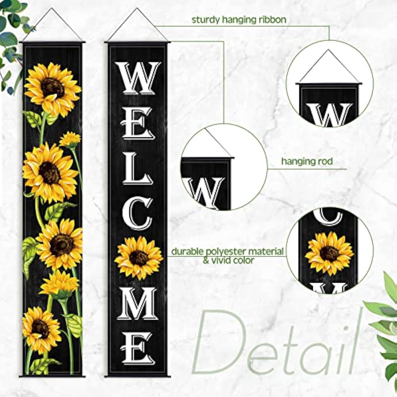 Sunflower Welcome Hanging Banners Spring Porch Banners Flags Summer Door Hanging Decorations For Front Door Garden Home Yard Sunflower Party Decorations(Black Background)