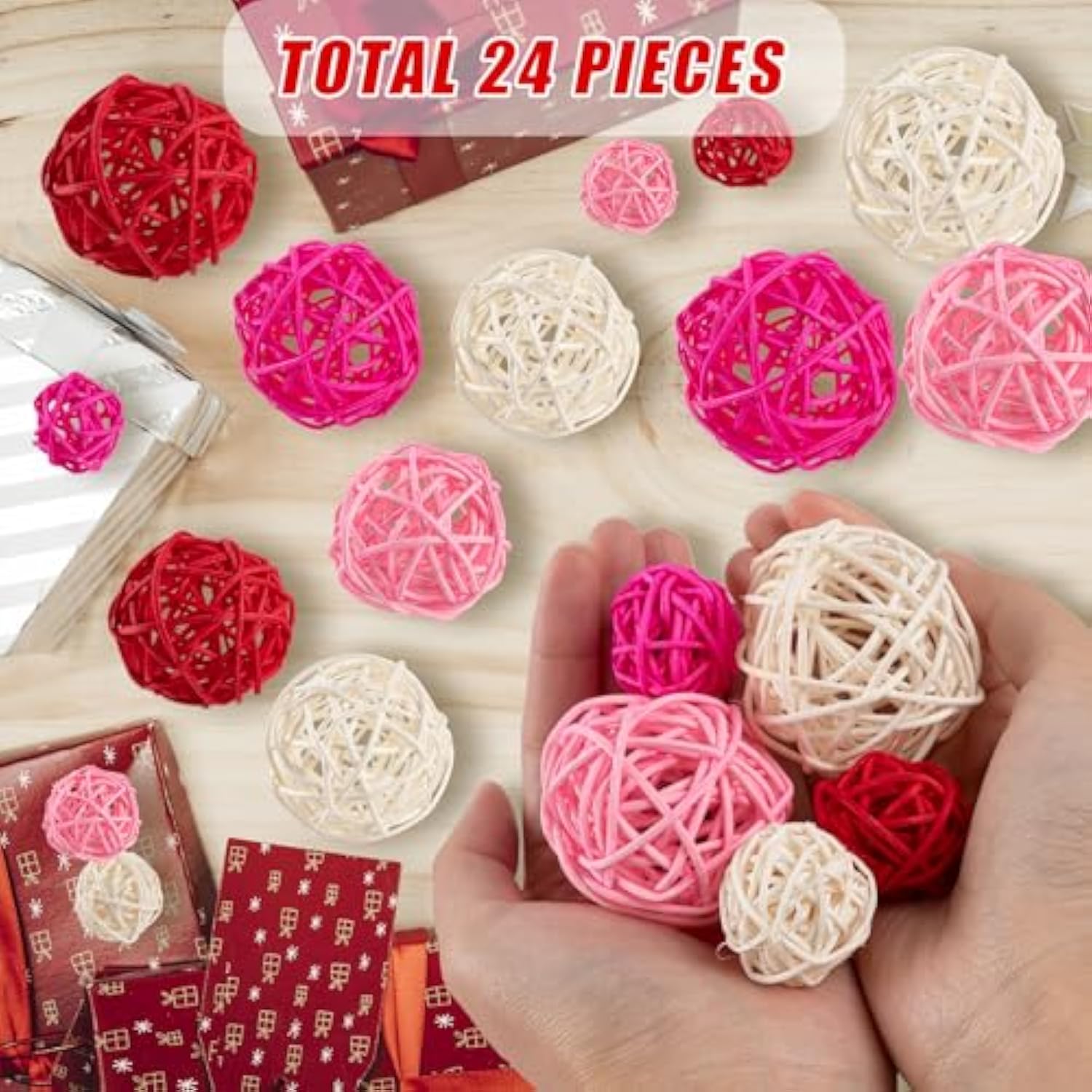 24Pcs Valentine'S Day Decorative Rattan Balls, Pink Red Grey Wicker Balls Decorations For Valentine'S Day Decor Centerpiece Diy Crafts Vase Bowl Orbs Filler Wedding Home Decor, 1.2"/2"/2.4"