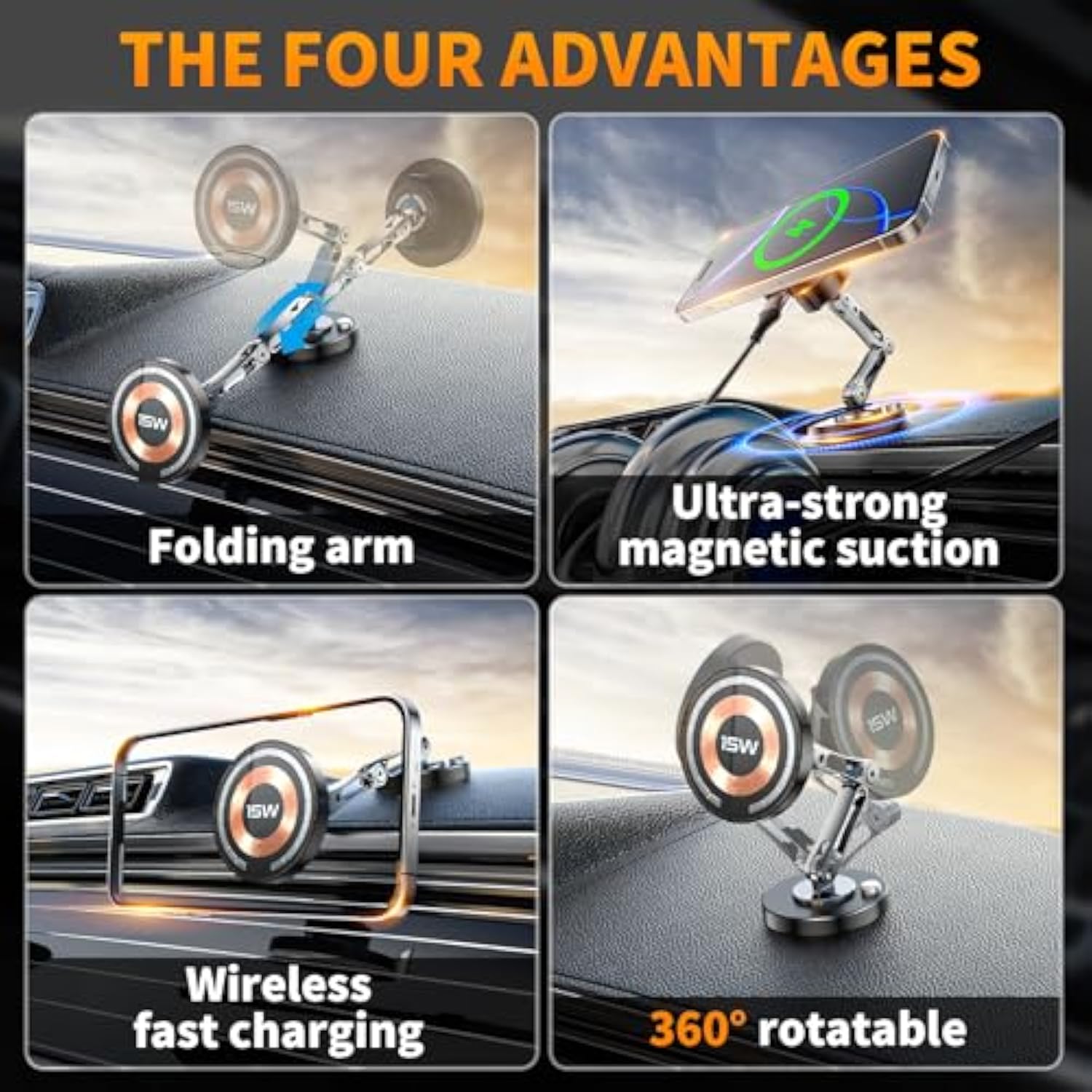 Magnetic Car Mount Charger Wireless, 15W Fast Charging 2 In 1 Magnetic Cell Phone Holder Stick On Dashboard Windshield, 360° Foldable Full Metal Car Accessories For Iphone16/15/14/13/12 Series
