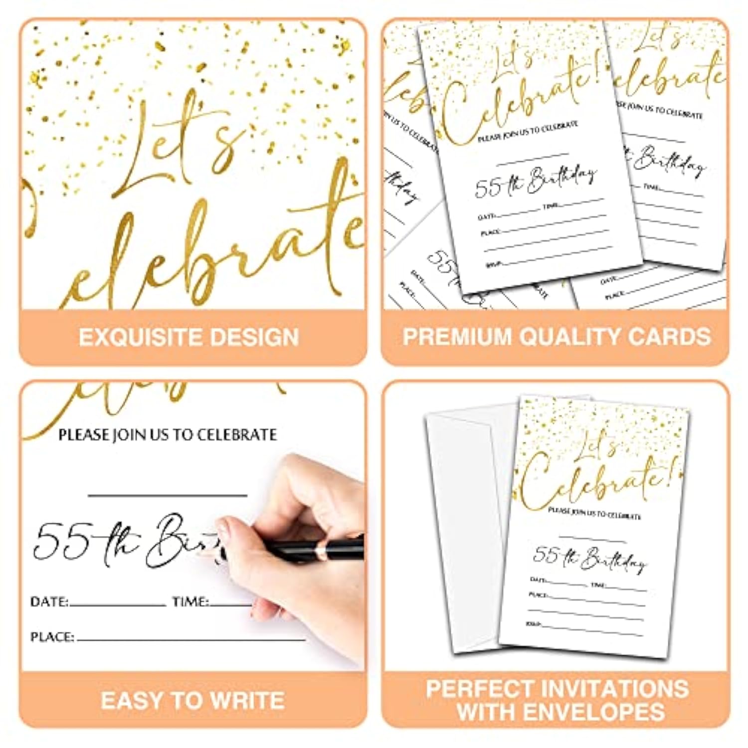 55Th Birthday Invitations Cards, 4"X 6" White And Gold Confetti Birthday Party Invites With Envelopes For Party Decorations Supplies(20 Pieces) -D14