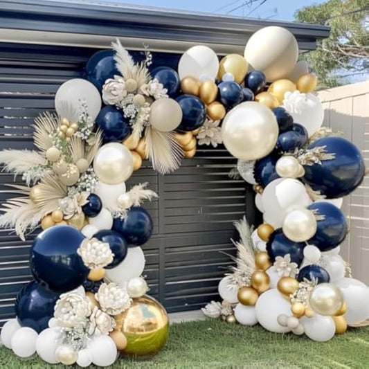 Navy Blue White Balloons Double Stuffed Royal Blue Gold Pearl Balloon Arch Kit Dark Blue White Sand Cream Latex For Birthday Baby Shower Graduation Anniversary Wedding Party Decorations