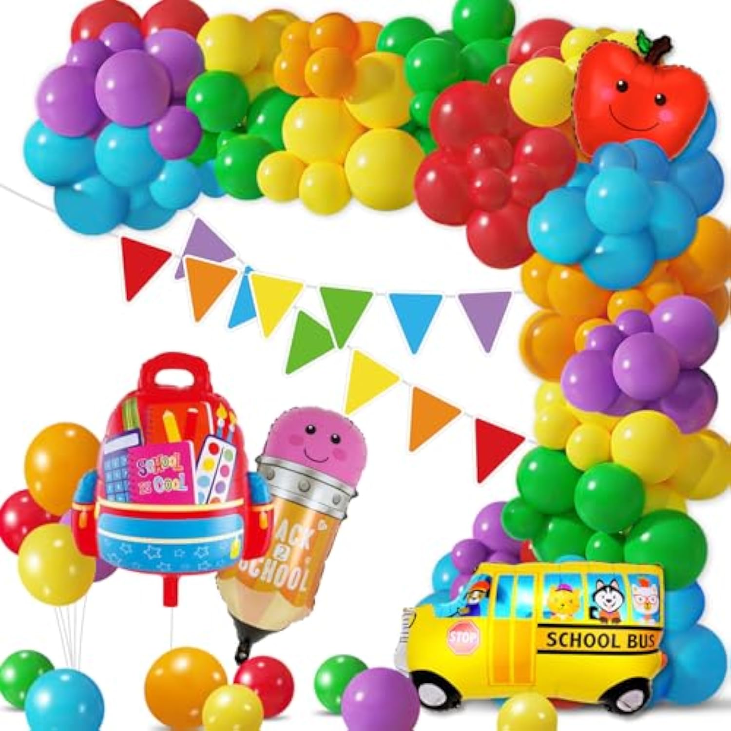 Back To School Balloons Garland Arch Kit Decorations - Welcome First Day Of School Triangle Banner With Bus/Schoolbag/Pencil Foil Balloon For Party Decor Supplies