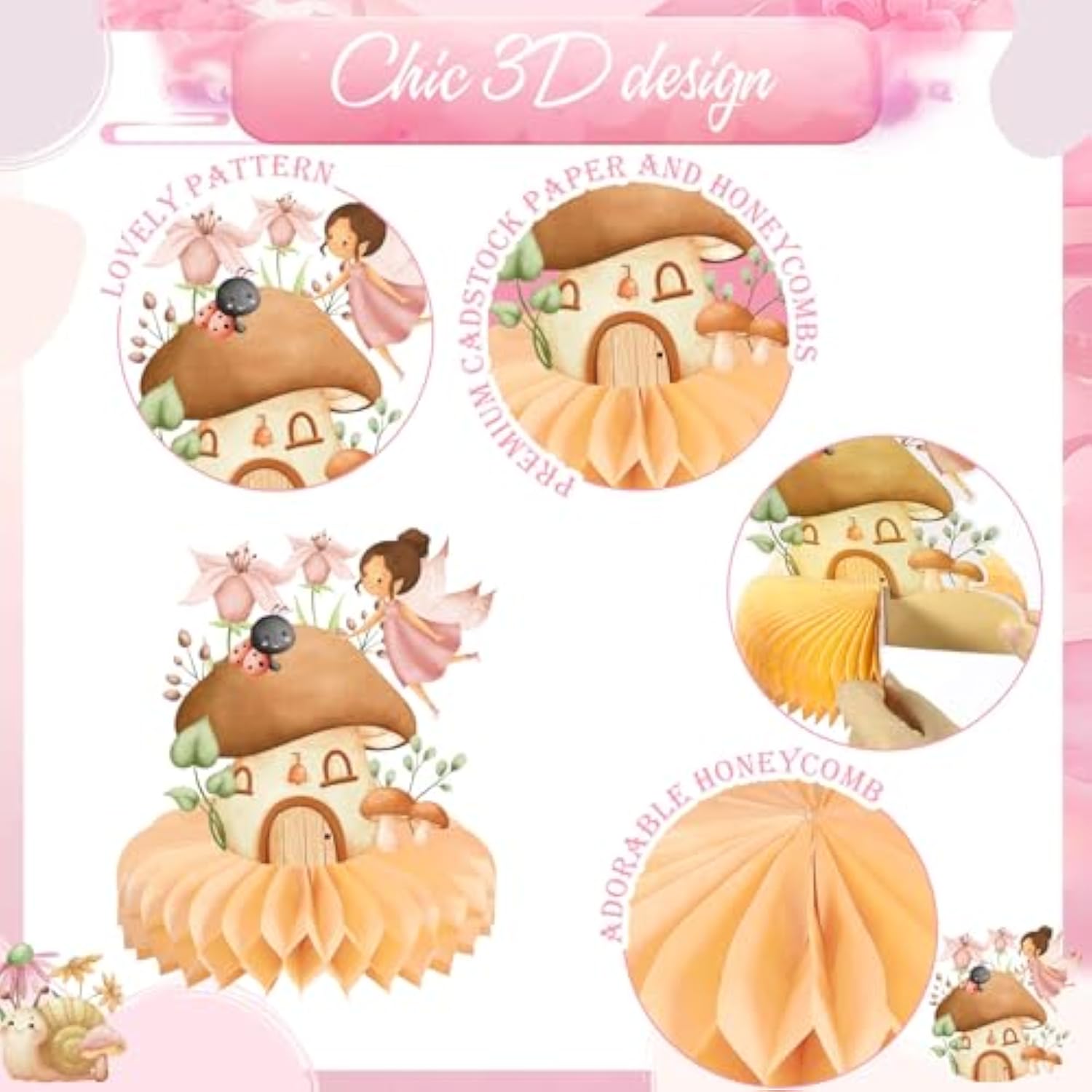 9 Pcs Fairy Party Decorations Fairies Honeycomb Centerpieces First Birthday Baby Shower Table Decor 3D Fairyland Mushroom Frog Paper Centerpieces For Home Forest Wonderland Supplies