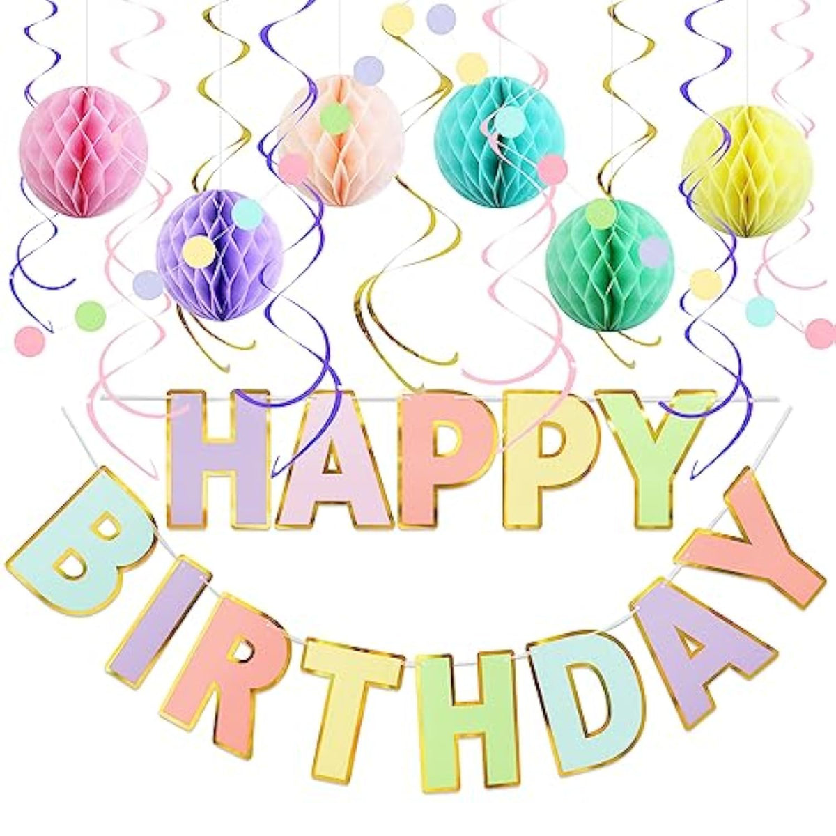17pcs Pastel Birthday Decorations Kit with Banner, Garland, Swirls & Honeycomb Balls
