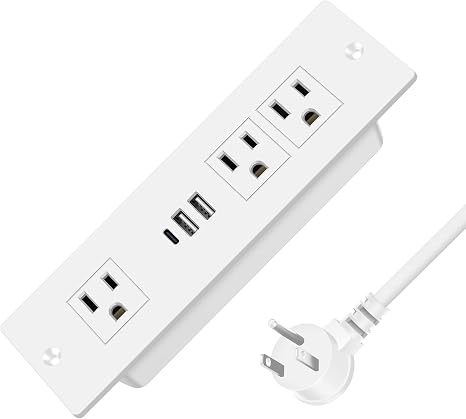 Recessed Power Strip USB C 20W Flush Mount Outlet 3 Outlets 3 USB 6FT Flat Cord White
