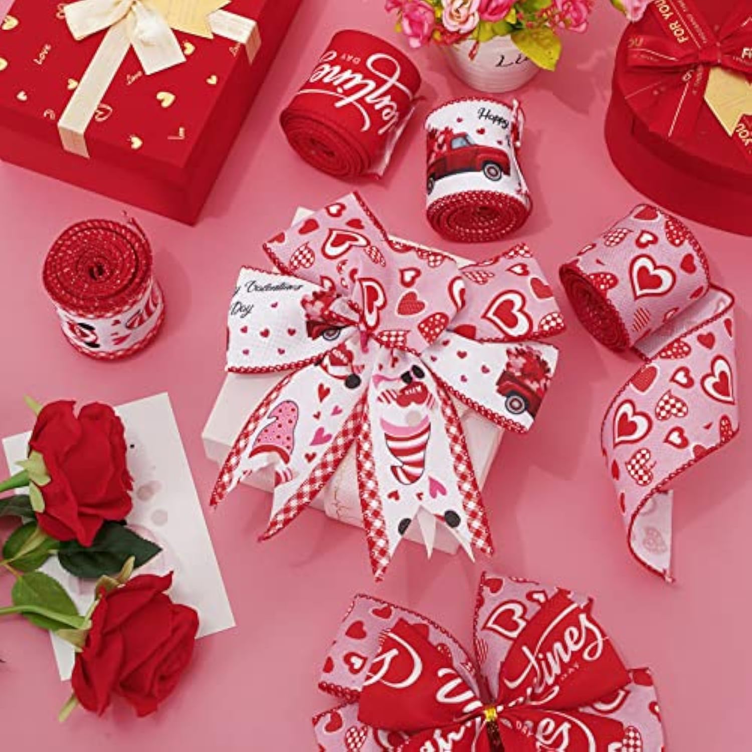Valentine'S Day Wired Edge Ribbon 2.5 Inch Red Pink Heart Love Gnome T