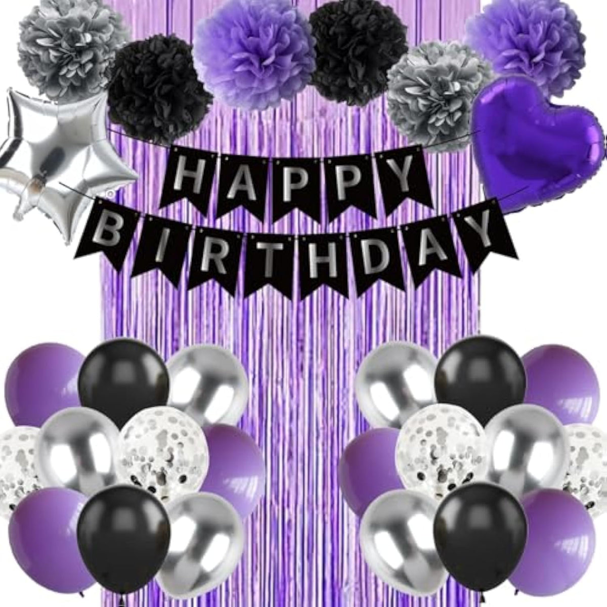 Black Purple And Sliver Happy Birthday Party Decorations Balloons, Purple Birthday Decorations With Banner Curtains For Women Men Boys Girls