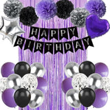 Black Purple And Sliver Happy Birthday Party Decorations Balloons, Purple Birthday Decorations With Banner Curtains For Women Men Boys Girls