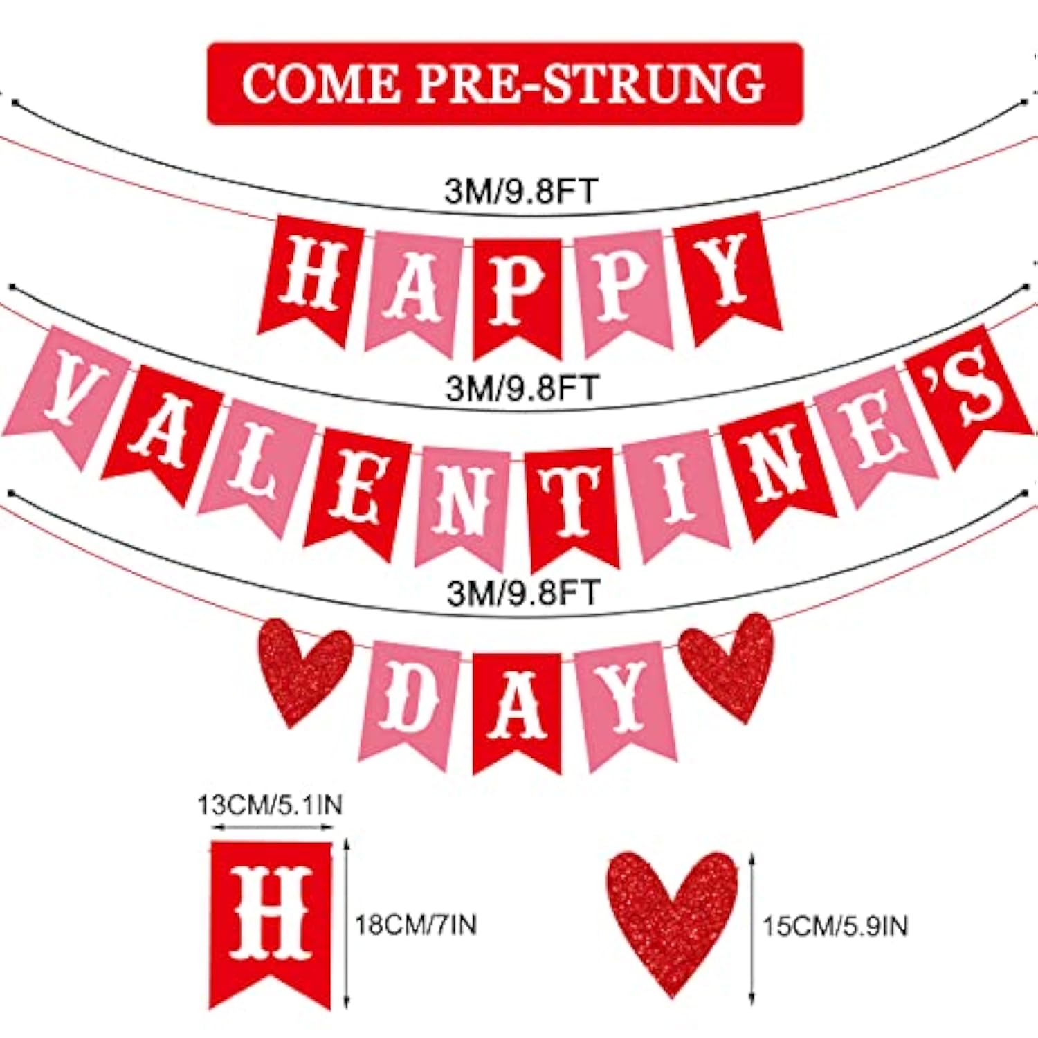 Happy Valentine'S Day Banner Red Pink Valentine'S Day Bunting Banner With Glitter Heart Signs Valentines Day Paper Garland For Home Wall Valentines Party Decorations Supplies