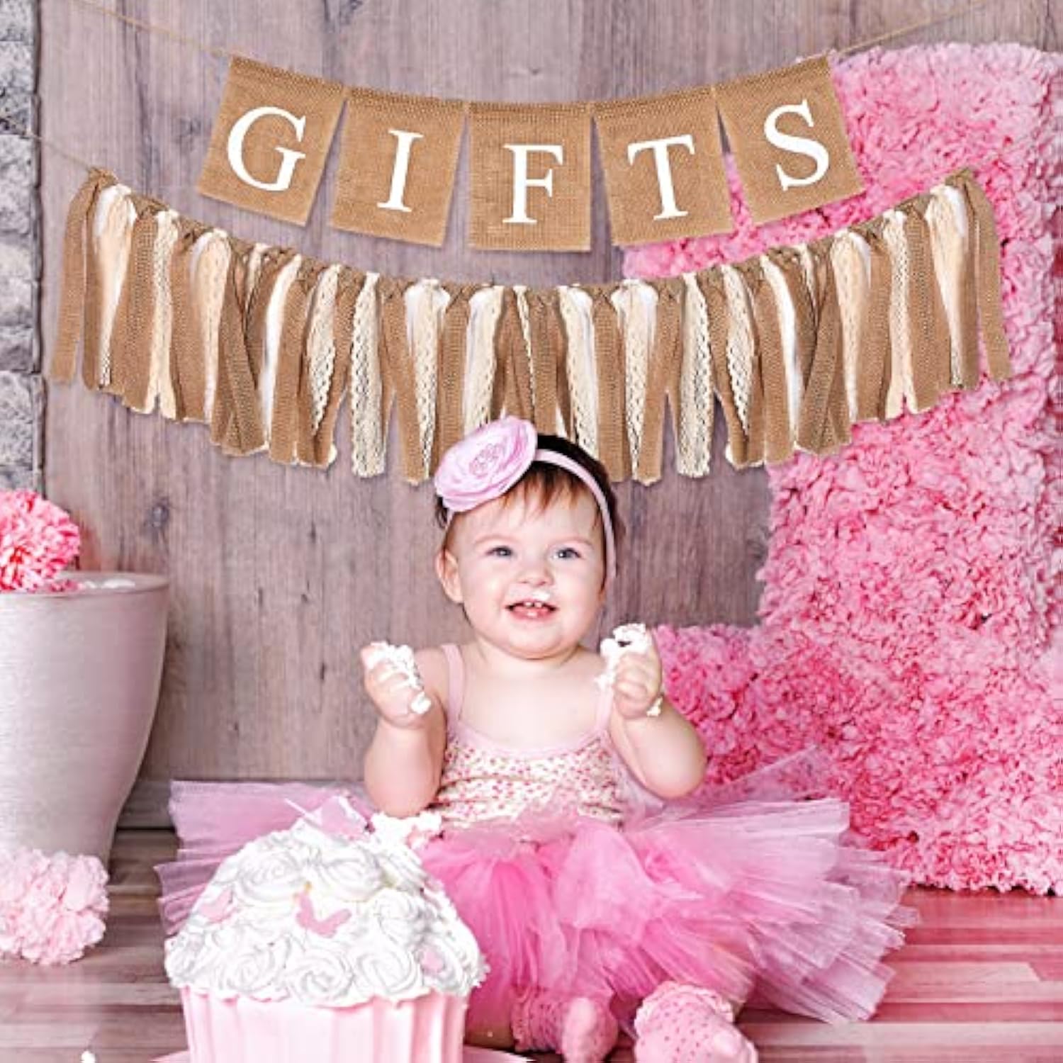 2 Pcs Boho Burlap Banner Baby Shower Decorations Set Include Rustic Gift Banner Decor Bunting Sign Bunting Gifts Sign Burlap Lace Tassel Garland Rag Garland Tie For Party Wedding Bridal Farmhouse