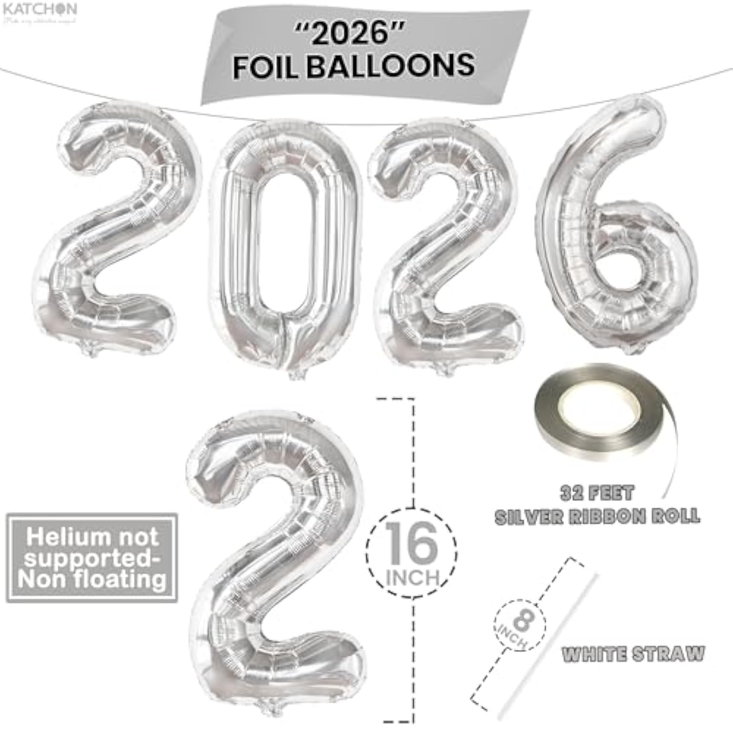 16 Inch Silver 2026 Number Balloons New Year Party Supplies