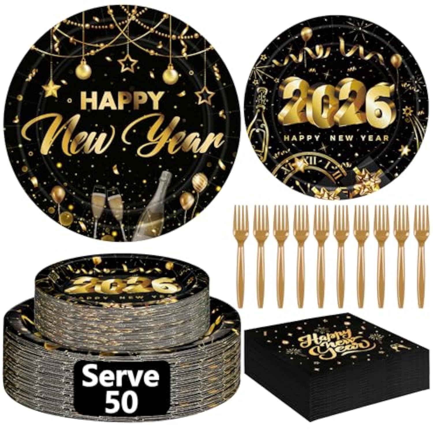 200 Pcs Nye Plates And Napkins Set, Disposable New Years Eve Party Supplies 2026, Black Gold 9" And 7" Plates Napkins Forks, Happy New Year Plates For Nye Decorations Gathering Celebration Serves 50