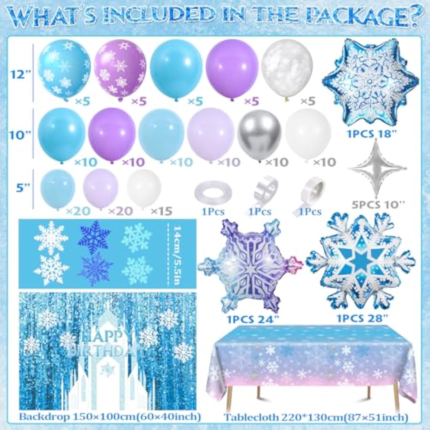 159Pcs Snowflake Birthday Party Decorations For Girls, Winter Balloon Arch Wonderland Backdrop Tablecloth 24'' Large Snowflake Balloon Sticker, Kids Princess Winter Birthday Party Decorations