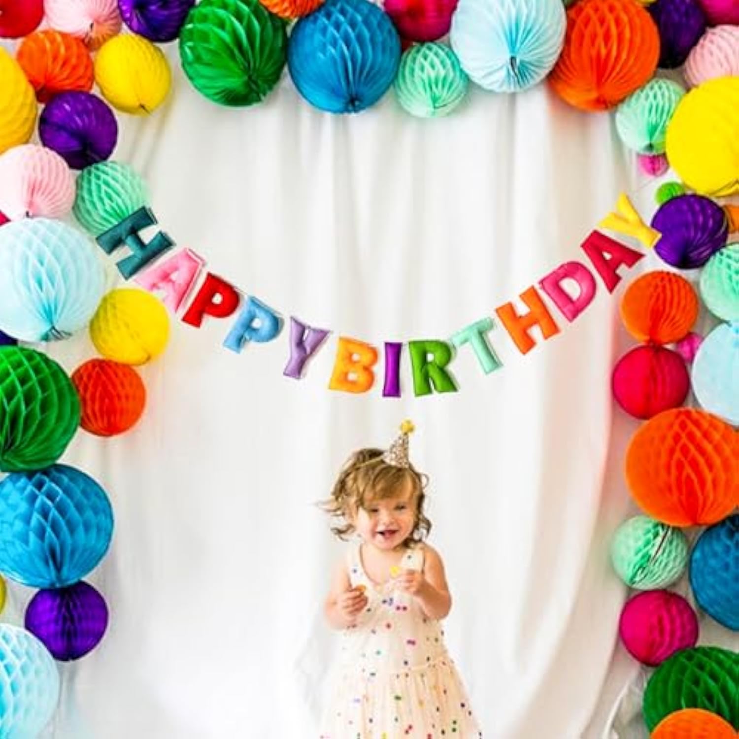 Pre-Strung Rainbow Happy Birthday Banner with Felt Ball Garland for Party Decor
