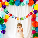 Pre-Strung Rainbow Happy Birthday Banner with Felt Ball Garland for Party Decor