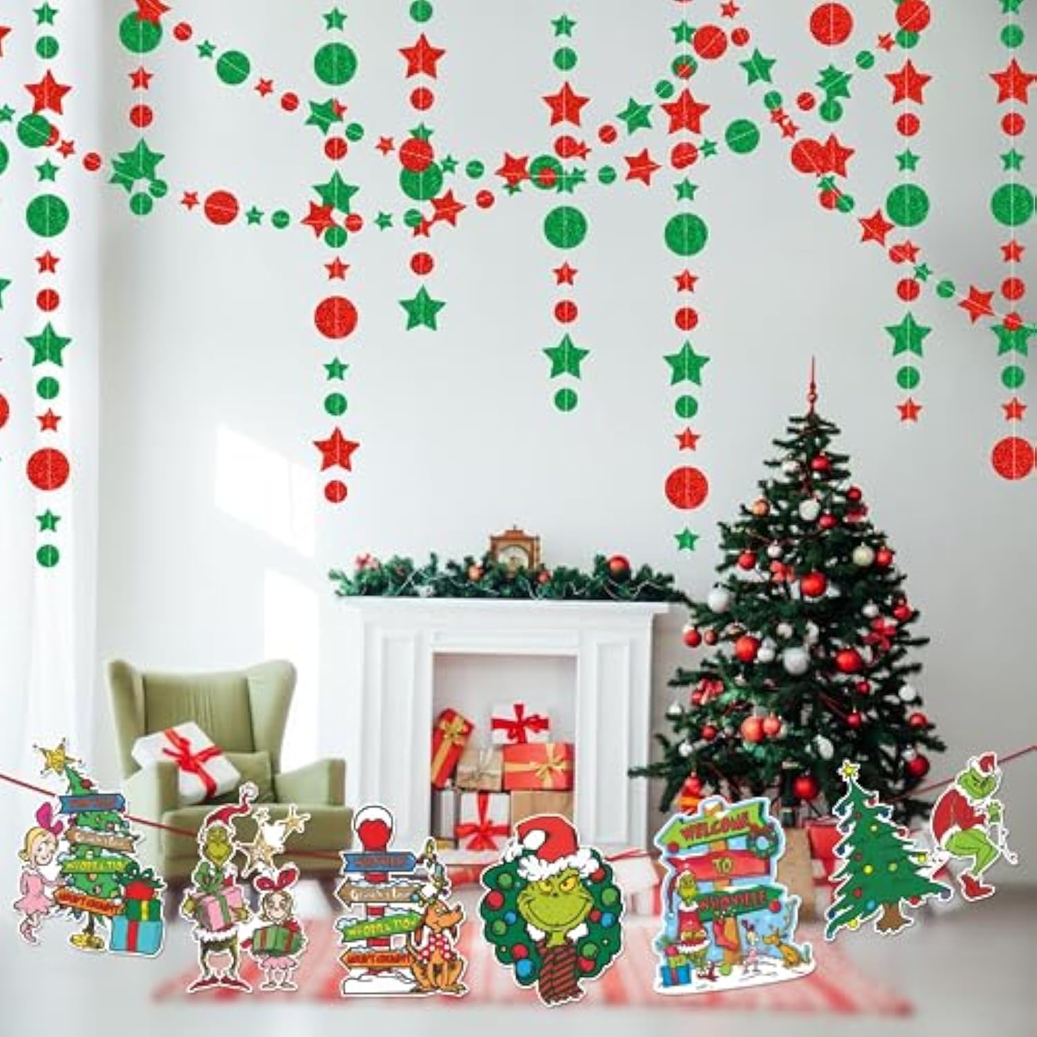 Merry Christmas Banner And Hanging Swirls Green Monster Themed Christmas Party Decorations