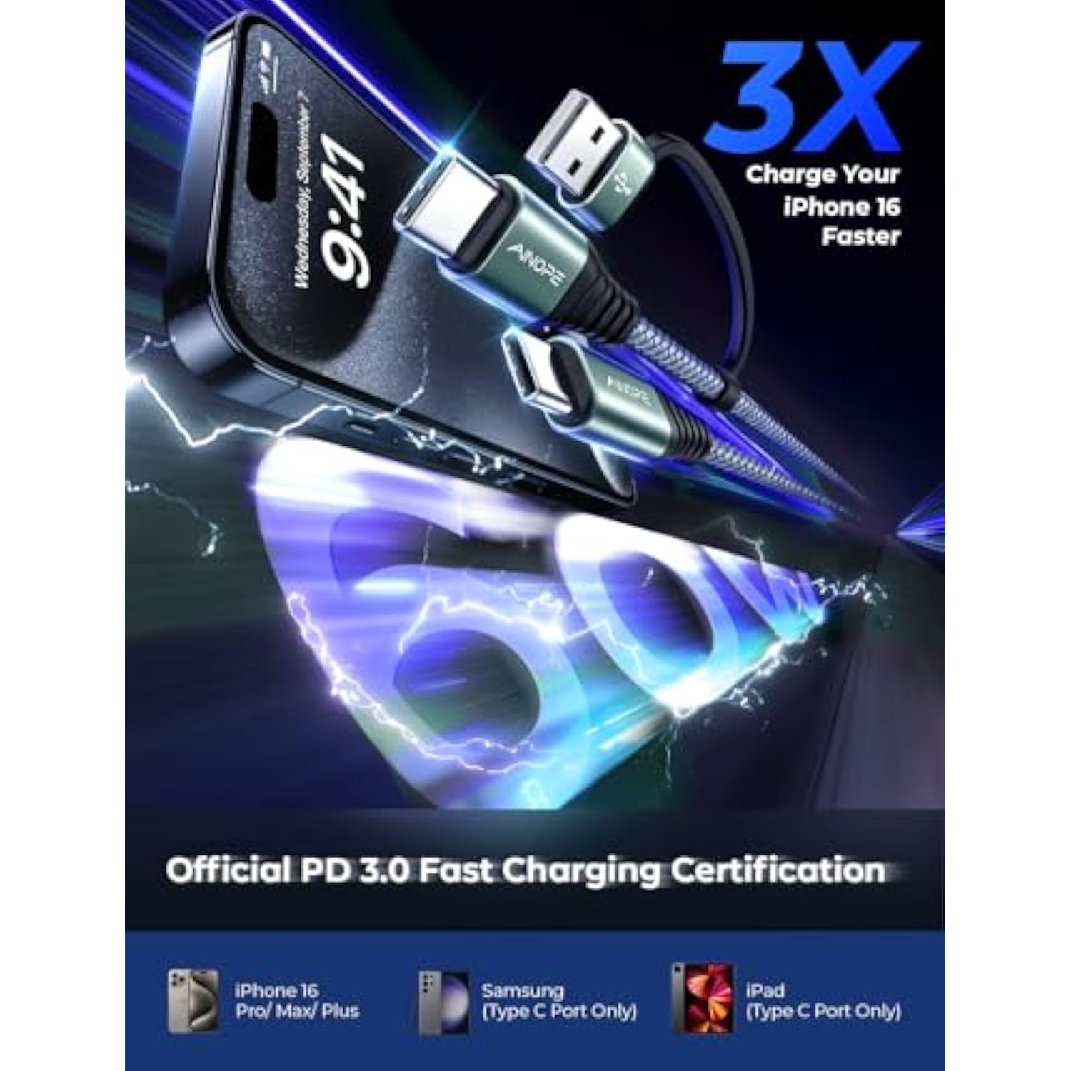 Newest 2-In-1 Charger Cable 2-Pack 6.6Ft, 3.1A C To C Fast Charging Cable Nylo