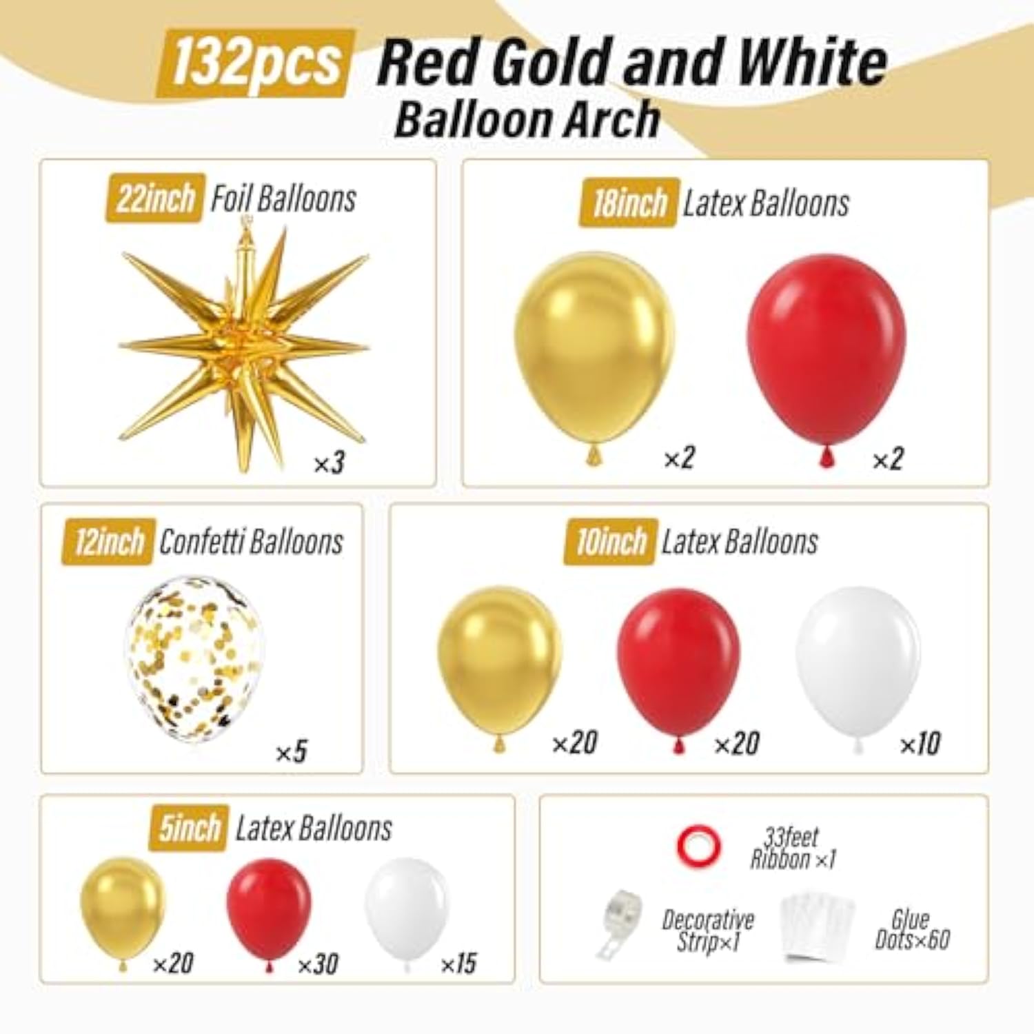 132Pcs Red And Gold Balloon Arch Kit, Red And Gold Balloons With 22Inch Foil Balloons Gold Confetti White Latex Balloons For Wedding Valentine'S Day Engagement Anniversary Birthday Party Decorations