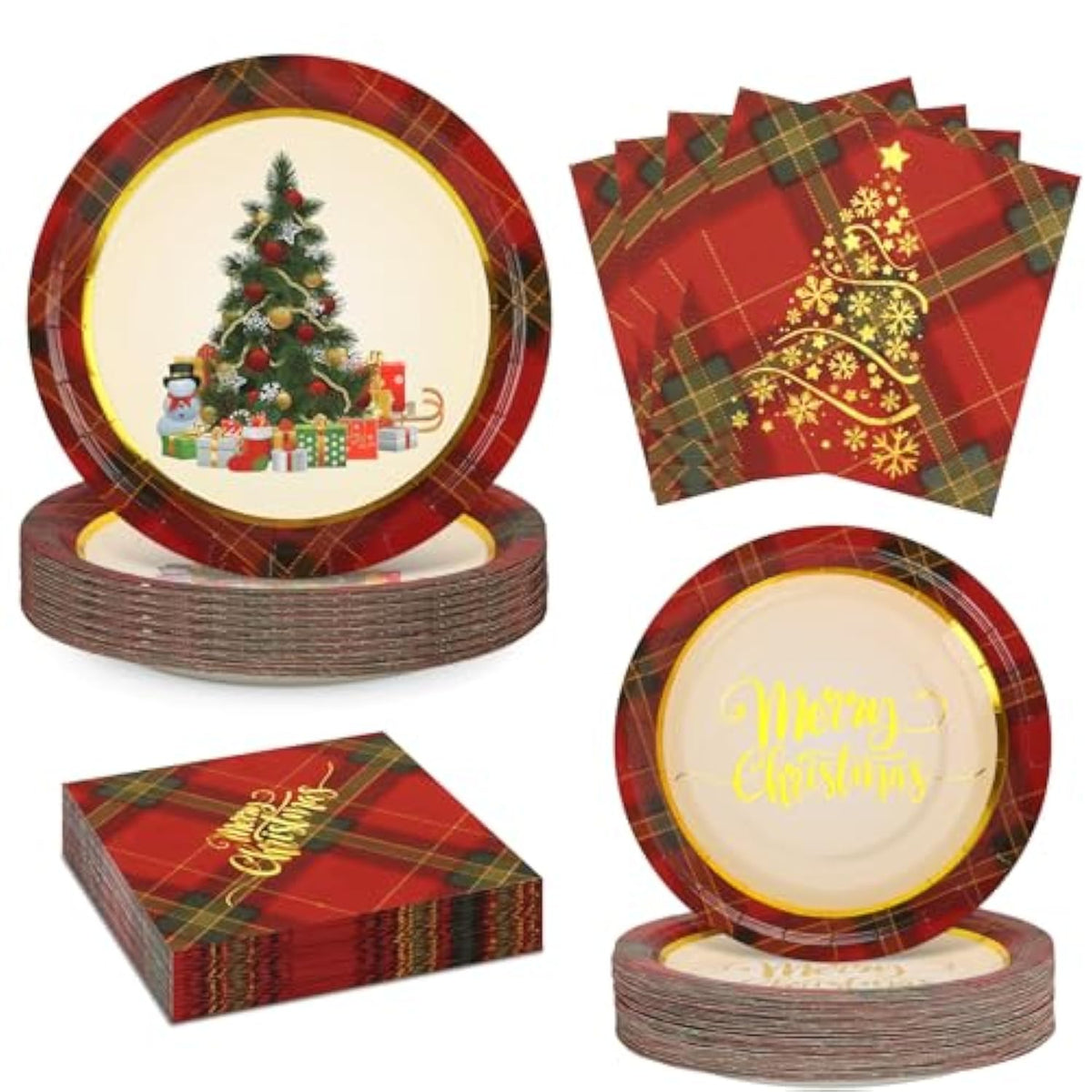 200Pcs Christmas Paper Plates And Napkins Set For 50 Guests, 9’’ Disposable Xmas Tree Plates, 7’’ Dessert Plates With Buffalo Plaid Merry Christmas Party Supplies Tableware For Xmas Party Decorations