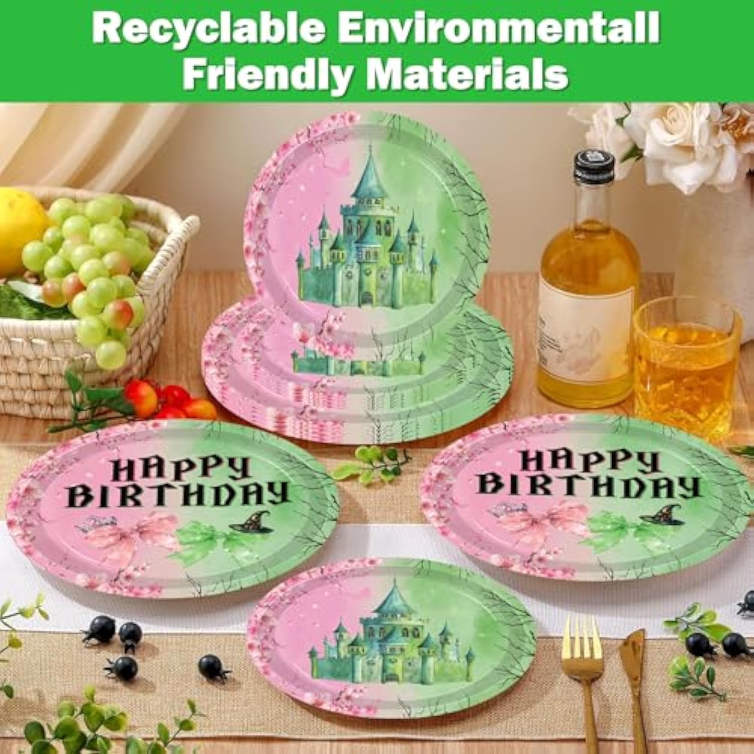140Pcs Pink And Green Witch Party Decorations Tableware, Witch Table Centerpieces Party Supplies, Tableware Set Paper Cups For Girls Birthday Party Decorations Severs 20 Guests