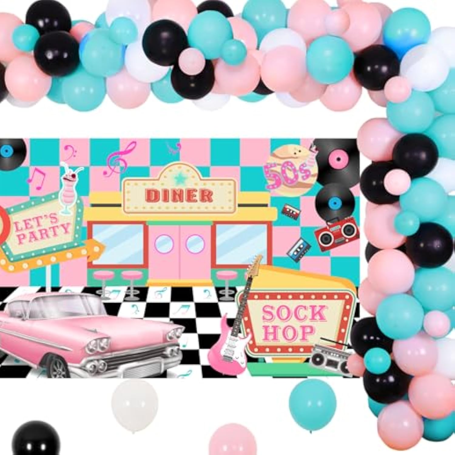 50'S Theme Party Decorations Sock Hop - 50S Party Decorations For Adults Music Themed Party With Music Note Balloons, Disco Ball Balloons Decorations, Unique Design 50S Backdrop For Birthday Decor