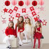Birthday Decorations, Happy Birthday Banner With Honeycomb Balls, Stars Hanging Swirl Streamers, Circle Dots Garland, Happy Birthday Party Decorations For Women Men Boys Girls (Red)