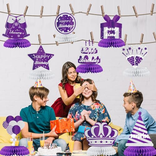 9PCS Purple Silver Happy Birthday Decorations Honeycomb Centerpieces for Women Men