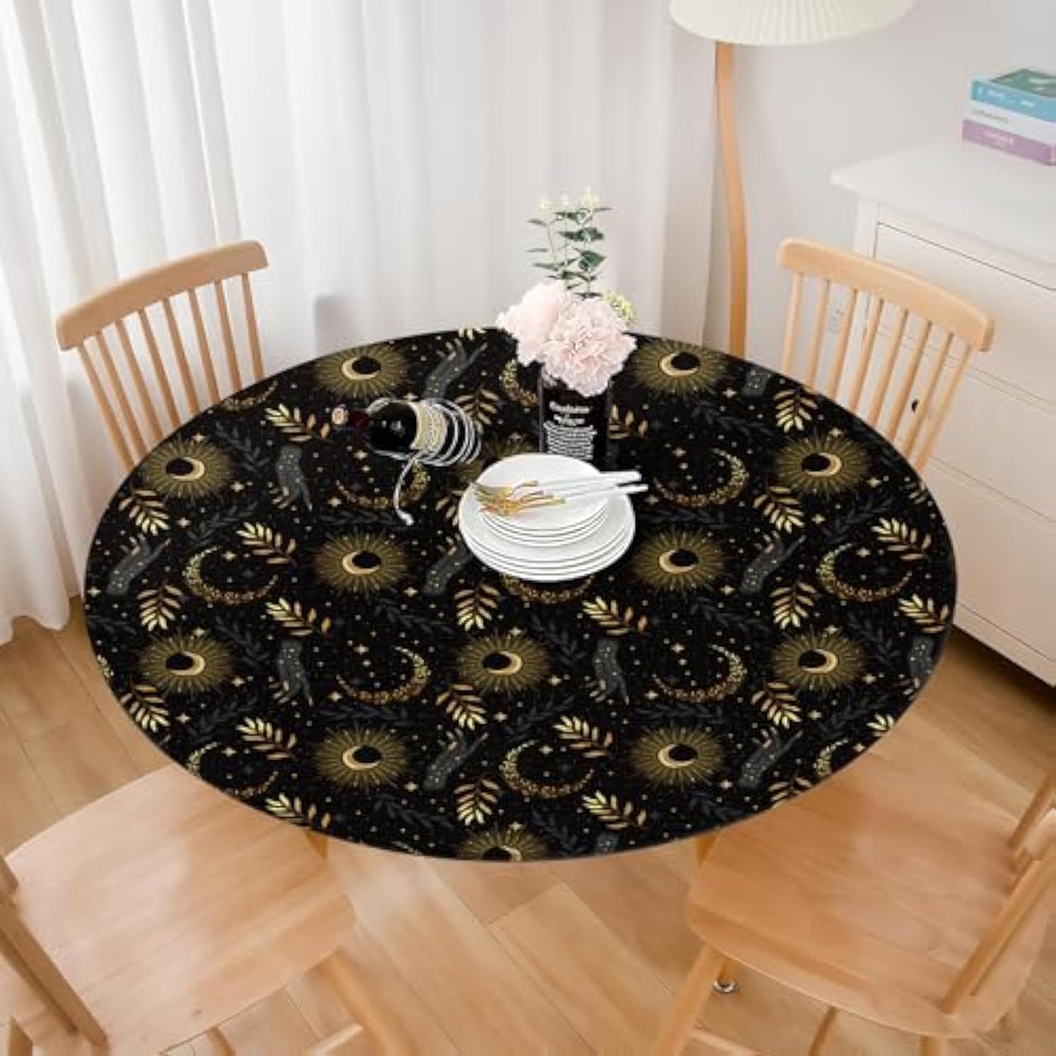 Celestial Black Gold Round Tablecloth 36-44 Inch Mystical Washable Decor