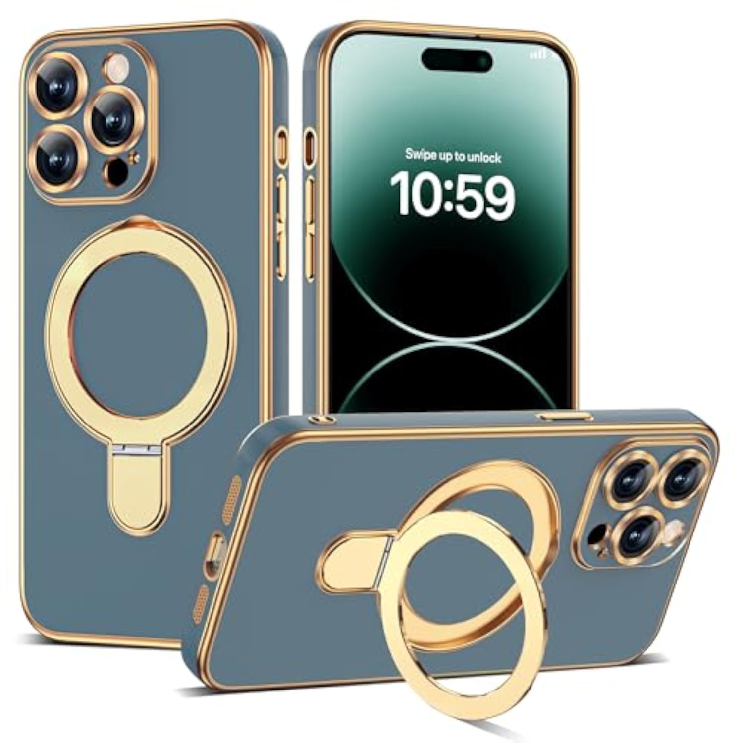 Grey Blue Plating Case for iPhone 14 Pro Max with Stand 6.7 inches