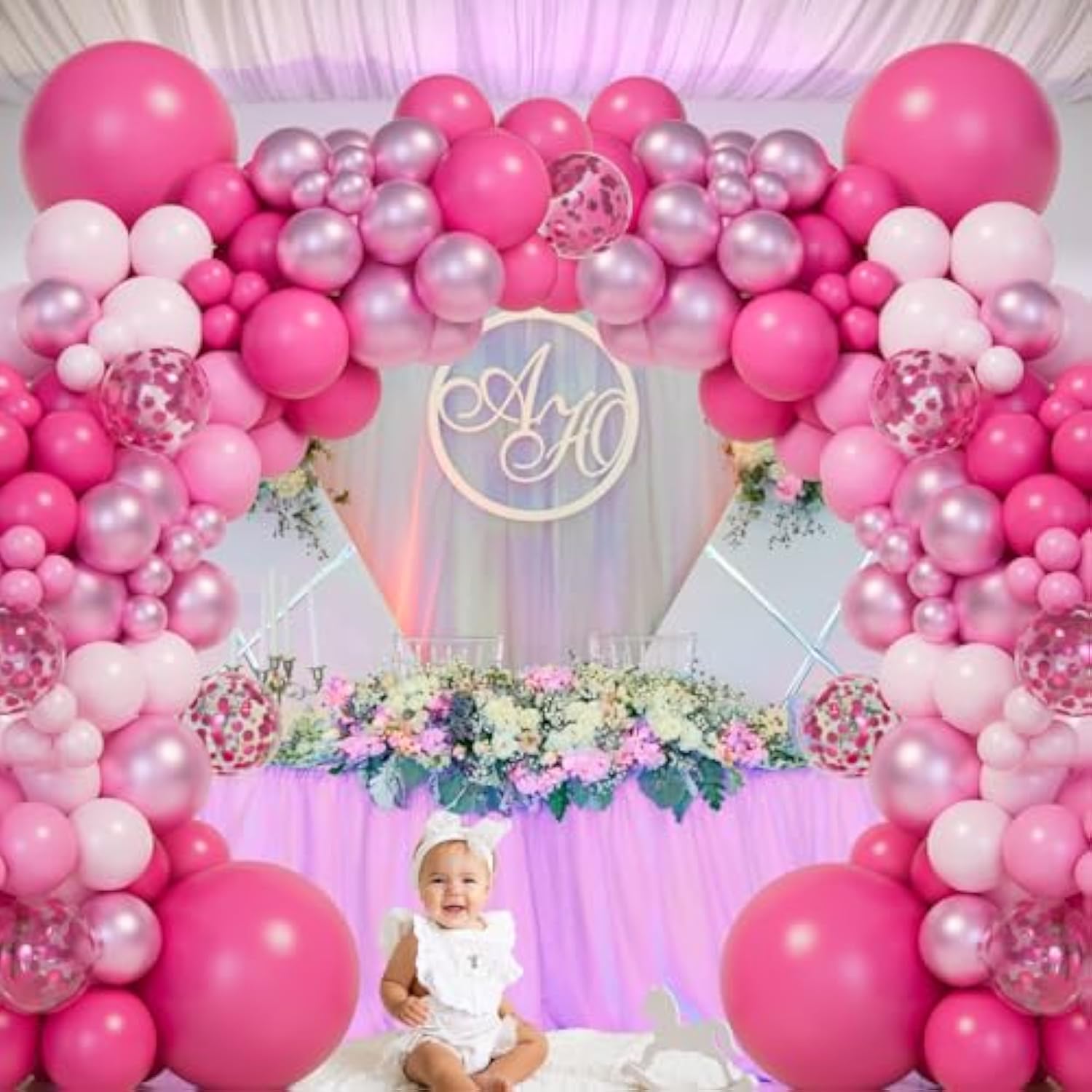 151Pcs Pink Balloons Garland Arch Kit,18In 12In 10In 5In Different Size Hot Pink Metallic Pink Confetti Balloons For Girls Women Wedding,Baby Shower,Princess Birthday Party Decorations