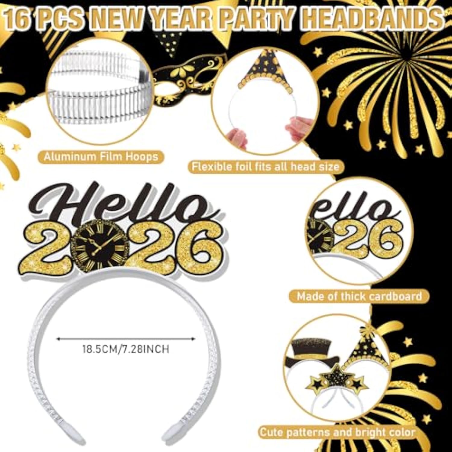 32pcs New Year 2026 Party Props with 16 Glasses & 16 Headbands Black Gold