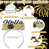 32pcs New Year 2026 Party Props with 16 Glasses & 16 Headbands Black Gold