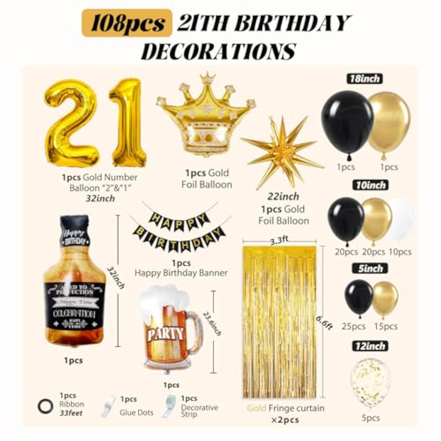 108Pcs 21St Birthday Decorations For Him, 21St Birthday Decorations With Number 21 Foil Balloon Fringe Curtains White Black And Gold 21St Birthday Balloons For Happy 21St Birthday Decorations