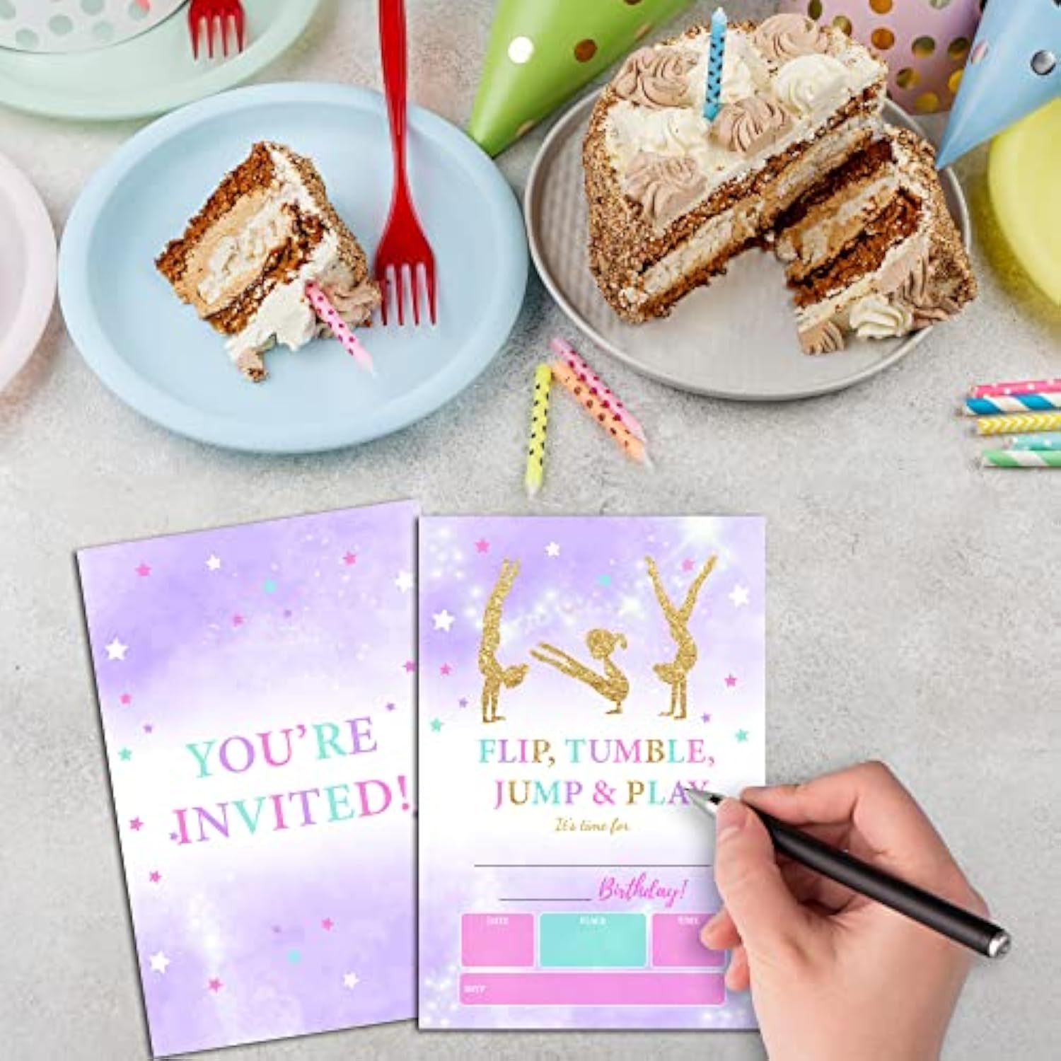 Gymnastics Birthday Invitations For Kids, Gold Glitter Birthday Party Invitation Cards, Jump Tumble And Play Party Celebration Supplies Decoration -20 Fill In Invitations With Envelopes (B17)