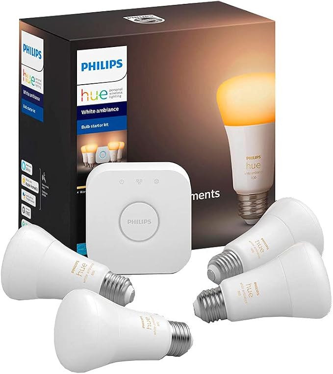 Philips Hue White Ambiance Smart Bulb Starter Kit 4 A19 Bulbs and Hub