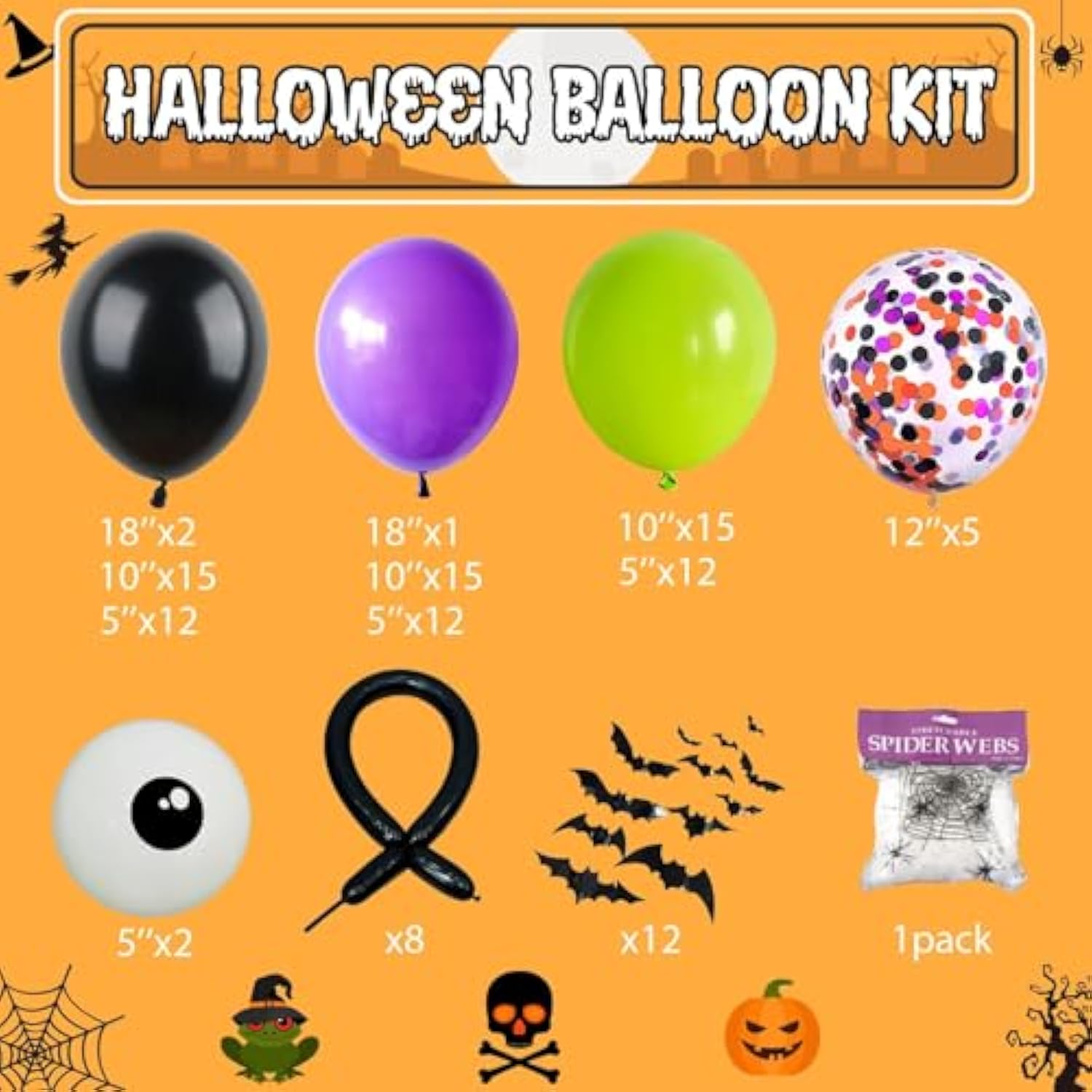 131Pc Halloween Balloon Arch Kit – Black Orange Green Purple with Spider Web