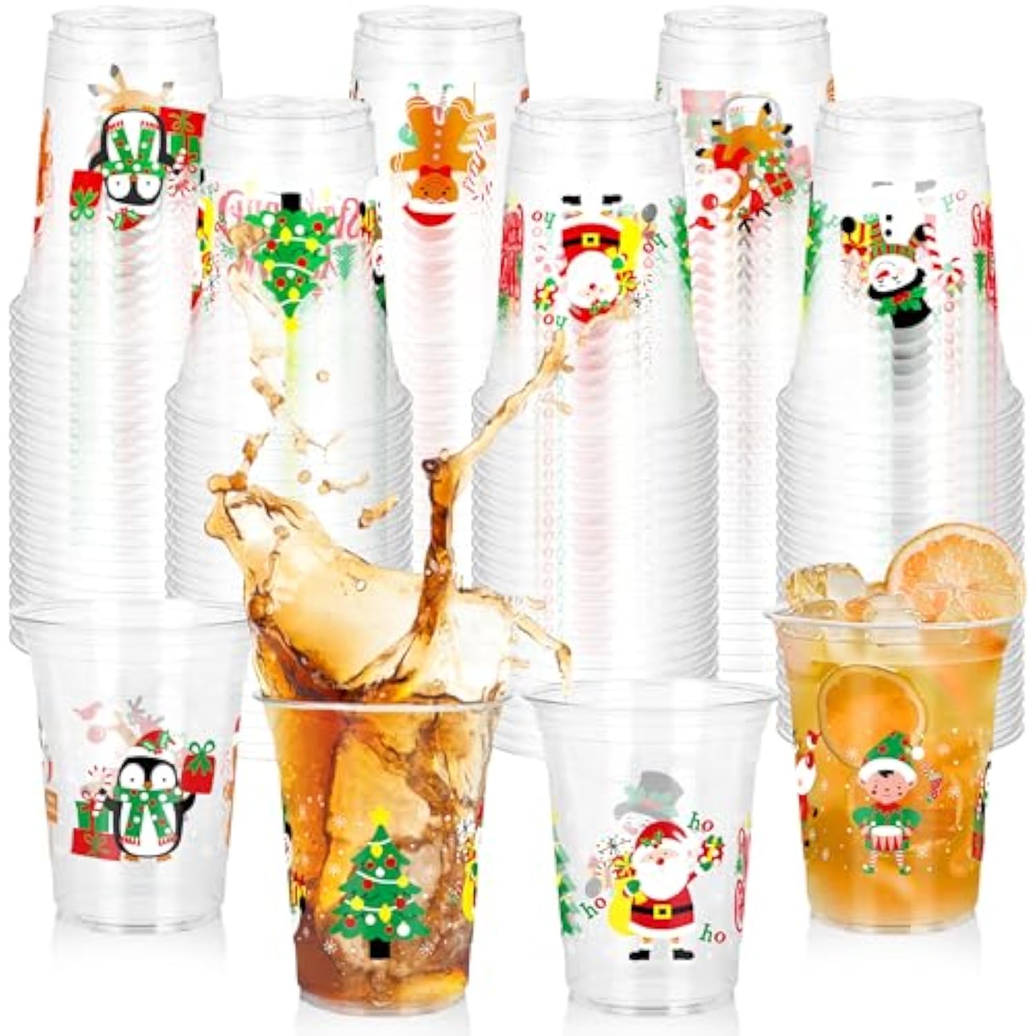 50 Pcs Plastic Christmas Cups, 14 Oz Christmas Cups Disposable Xmas Decorations,Santa Reindeer Snow Drinkware For Beer, Coffee And Wine, Clear Drinking Cup For Winter Holiday Xmas Party Supplies